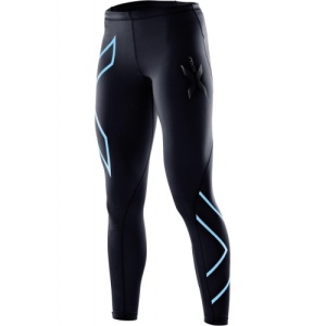 2XU compression long tights (womens) in black/baby blue